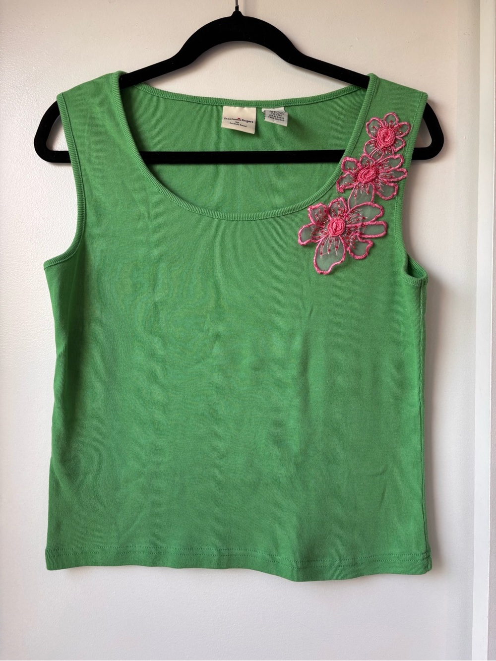 Stephanie Rogers Green Sleeveless Tank Top with Pink Floral Applique Size M
